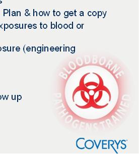 1030) - Epidemiology & symptoms of bloodborne diseases - Modes of transmissions of BBPs - Description of Exposure Control Plan & how to get a copy -