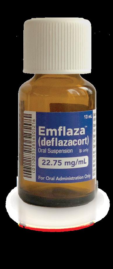 EMFLAZA Is Available in Liquid Form 13 Round up to the nearest tenth of a milliliter (ml) Available in 13 ml bottle, oral dispenser included Mix EMFLAZA well with 3-4 oz.