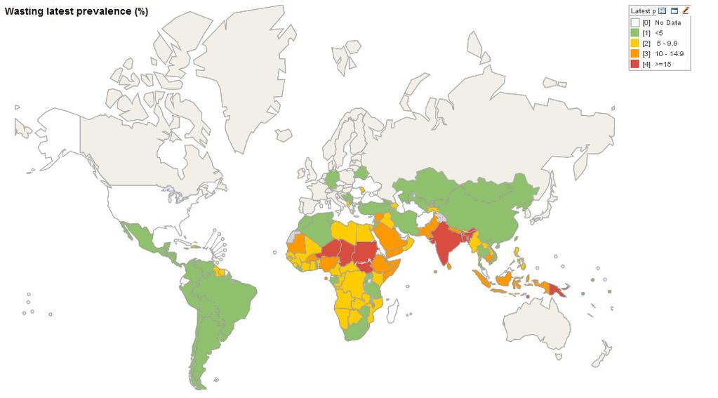 Global patterns of percent child wasting (%) The boundaries and names shown and the designations used on this map do not imply the expression of any opinion whatsoever on the part of the World Health