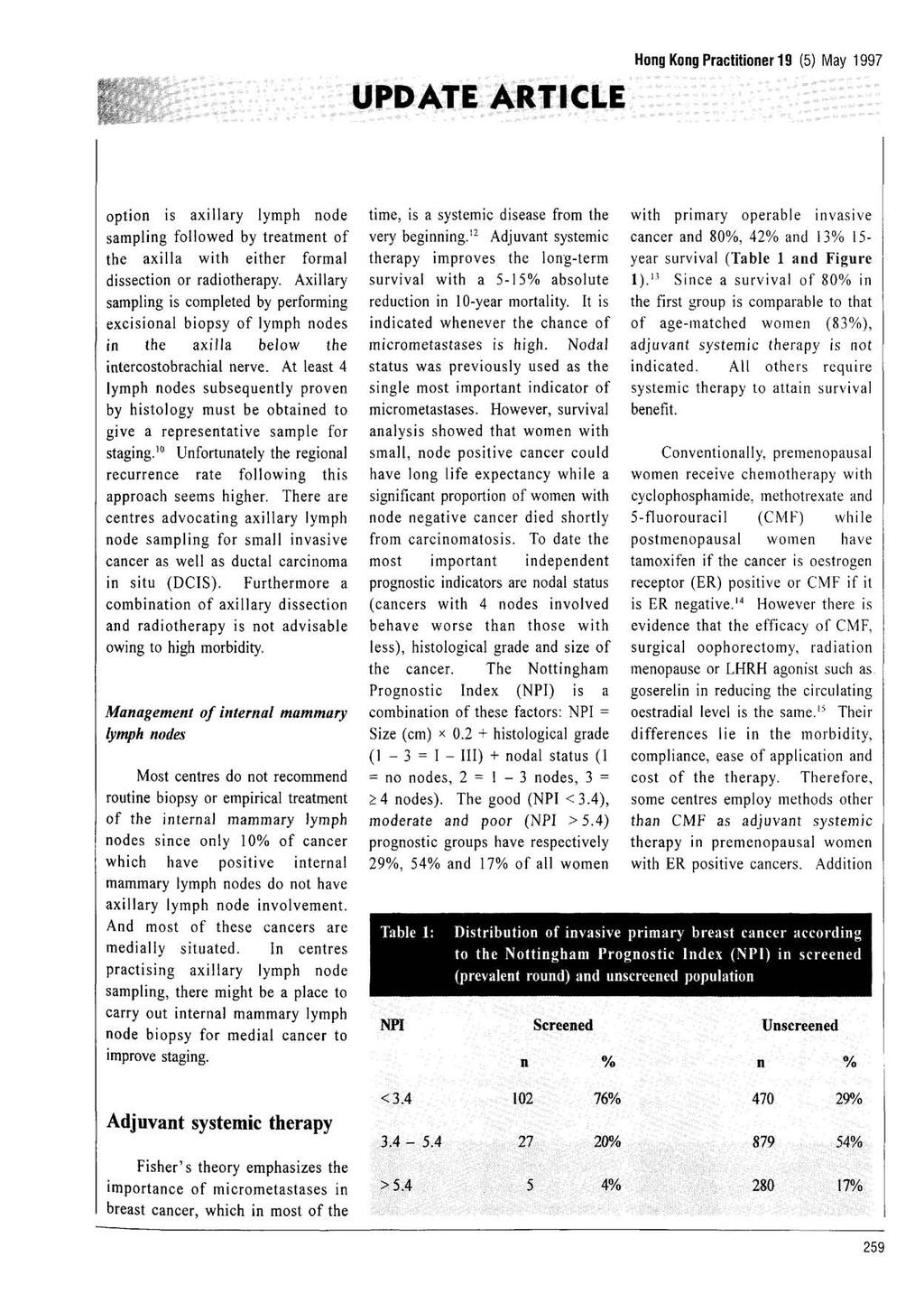 UPDATE ARTICLE Hong Kong Practitioner 19 (5) May 1997 option is axillary lymph node sampling followed by treatment of the axilla with either formal dissection or radiotherapy.