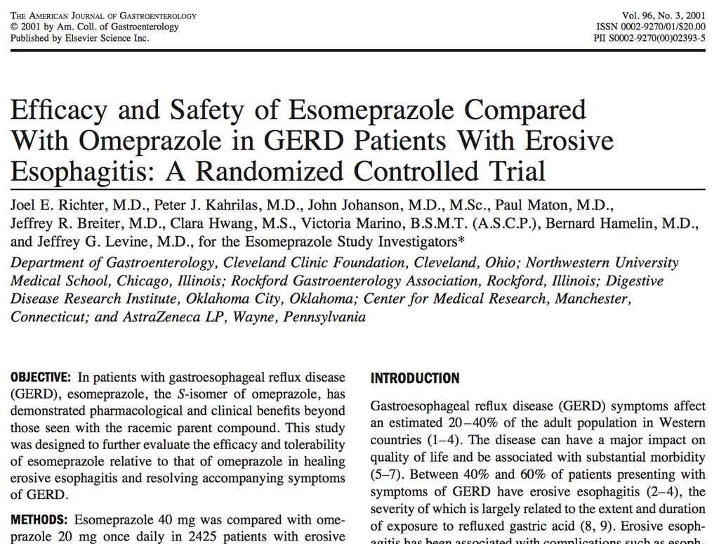Sample size = 2425 patients Conclusions: Esomeprazole superior Healing rates