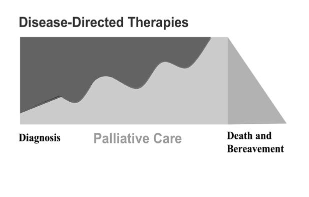 PALLIATIVE CARE INTEGRATES WITH CANCER CARE Managing symptoms that cause suffering Communication Exploring values and patient-centered goals Helping patients assess risk, benefit, burdens Creating