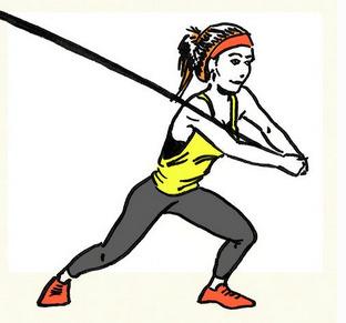 With elbows bent, pull the band up toward your hips, squeezing your shoulder blades together until your elbows form a 90-degree angle. Lower and row for 10-12 reps. Exercise 5: Woodchoppers.