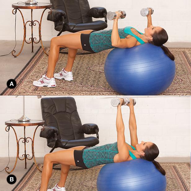 Chest Press: 12 repetitions 1. If you have a ball, feel free to give this a try! Otherwise, you can do it on the floor. 2.