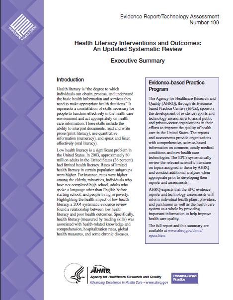 2011 AHRQ Evidence Review Update 114 new articles: 13 on numeracy, 33 on interventions Possible causal pathways: knowledge, self-efficacy, and social stigma Low