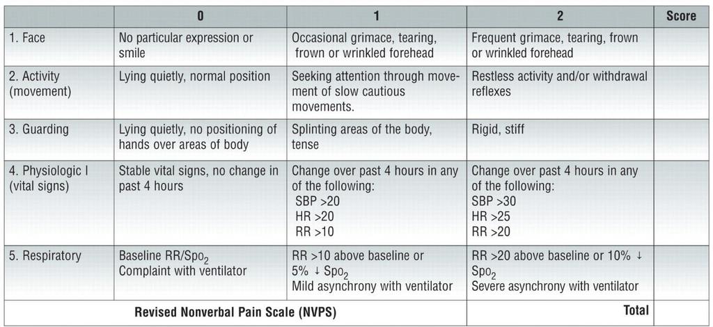 Nonverbal Pain Assessment: This scale is used to assess patients who cannot speak or otherwise indicate their pain value. A total score is derived from five different criteria.