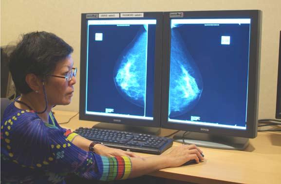 The radiologist uses computer aided detection to help magnify or zoom into the mammogram images. tiny amount of radioactivity (only one-sixth of which is used in a normal bone scan) and a blue dye.