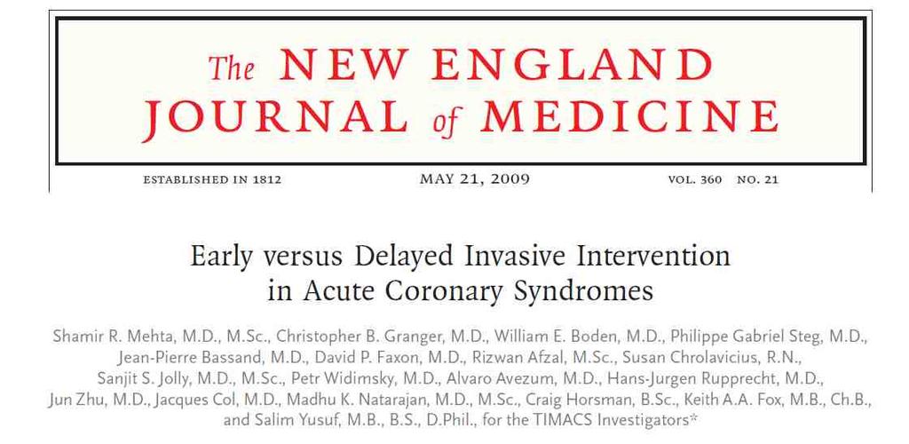 In patients with acute coronary syndromes, early invasive intervention (coronary angiography at a median of 14 hours) was compared with delayed intervention (angiography at
