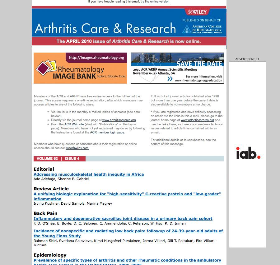 Arthritis Care & Research/ The Rheumatologist etocs Content e-alerts notify registrants of