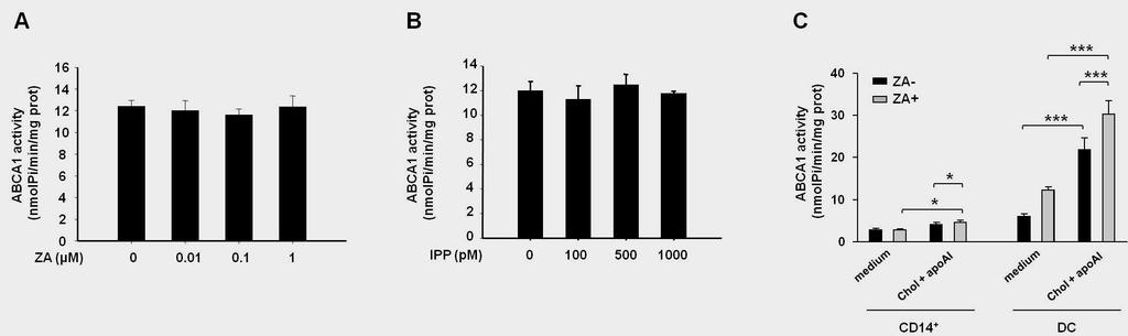 Supplementary Figure 6. Effect of ZA and IPP on ABCA1 activity. Effect of ZA and IPP on ABCA1 activity; A-B) ABCA1 was immunoprecipitated from whole cell lysates of untreated DC.