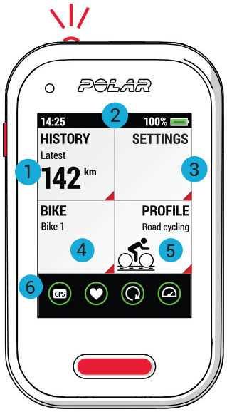 MENU ITEMS 1. HISTORY: See the details of your sessions and the totals of your cycling history. 2. PULL-DOWN MENU: Swipe down to open the pulldown menu.