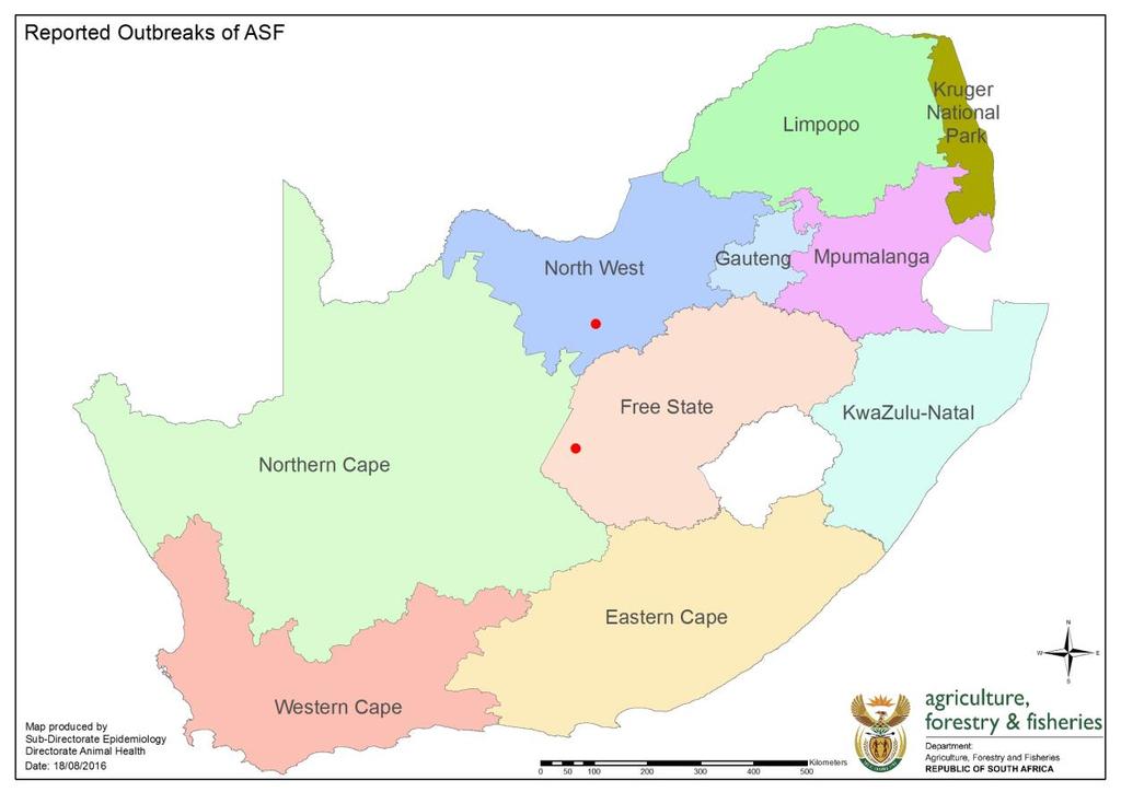 Information and maps of Specific Diseases African Swine Fever An outbreak of African Swine Fever (ASF) outside South Africa s ASF zone was detected in the Free State Province