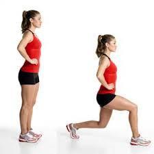 Lower body by flexing knee and hip of front leg until knee of rear leg is almost in contact with floor.