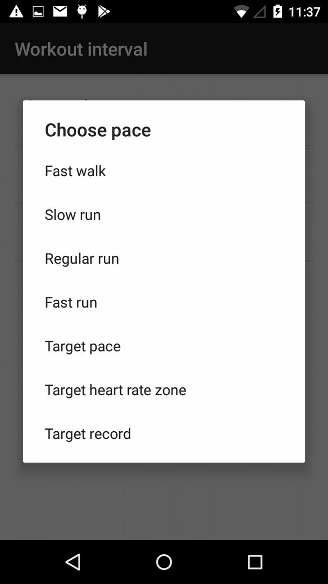 rate zone (you need a connected heart rate monitor), target record; for the type, you can choose: distance, time, automatic lap, manual lap.