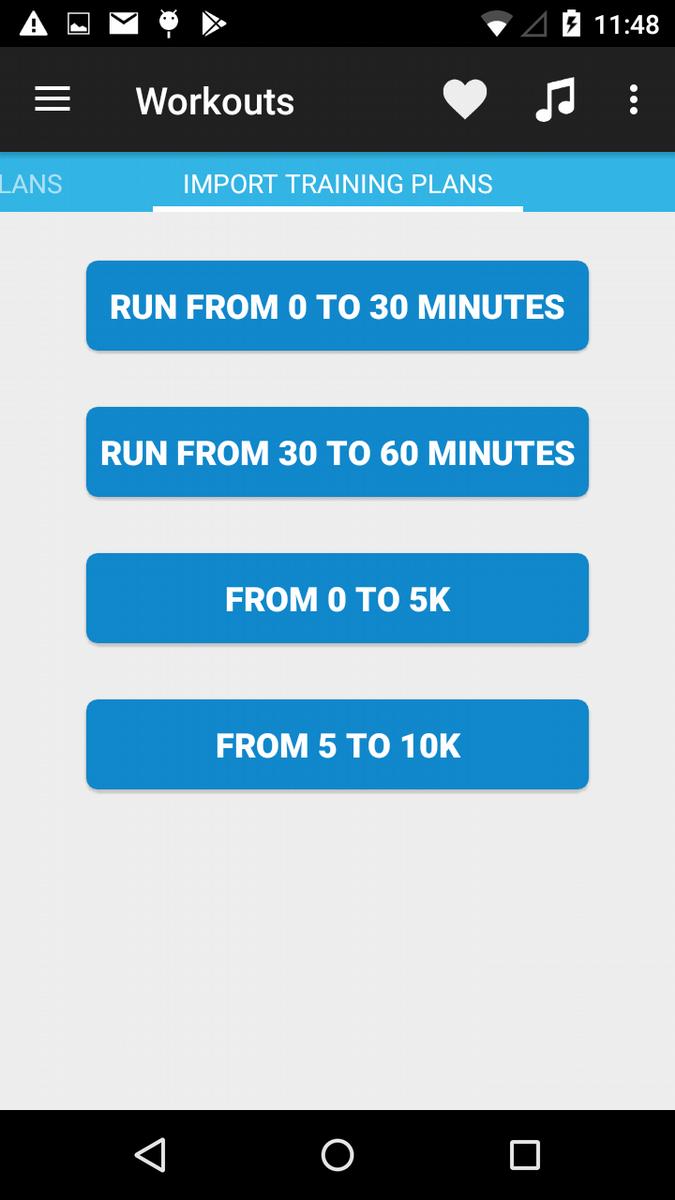 Tapping on "import training plans" you can import default training plans (not editable): Run from 0 to 30 minutes: this training plan is suitable for beginners and allows you to run for 30 minutes