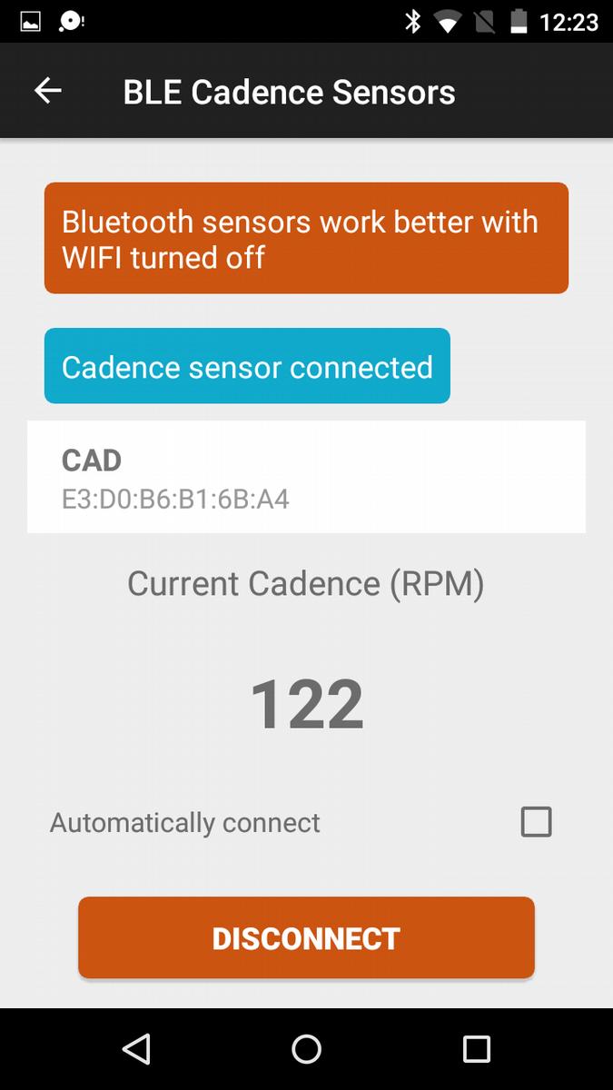 It s possible, by selecting "connect automatically", to connect your favorite cadence sensor when the application is started (just wait a few seconds); to do this it is