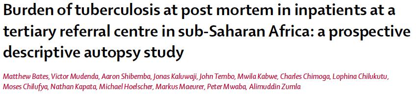 Prospective PM study in Zambian tertiary hospital - All medical deaths over 1 year - 125 (9%) included 81% HIV- infected 62%