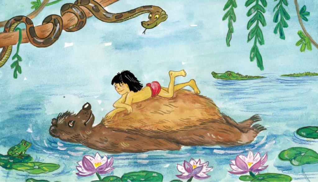 Mowgli meets Baloo, the bear, and they have fun together: they sing, talk and swim. Baloo: Mowgli, you must learn the Master Words. They are very important if you want to survive in the jungle.