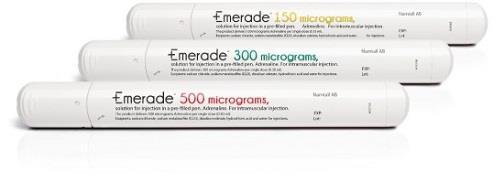 Emerade auto injector: Devices Adult dose 0.5 mgs & 0.3mgs Child dose 0.15mgs 18 month shelf life.