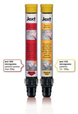Jext auto injector: Devices Adult dose 0.3mgs Child dose 0.15mgs 18 month shelf life. 12 Please note: Children need to go onto the adult dose when they weigh around 30kgs which is around 4 ½ stone.