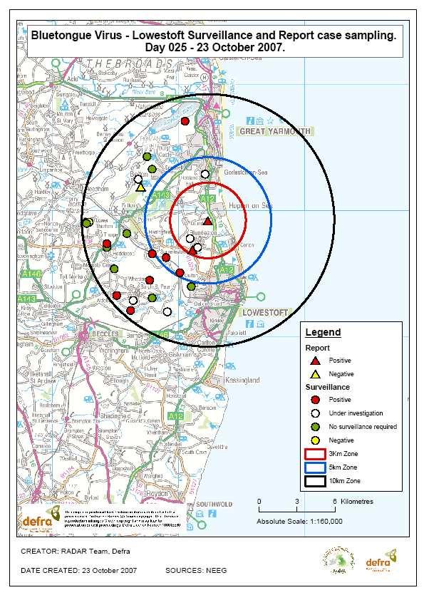 Figure 3b: Location of the active surveillance area around the first three confirmed cases in the Lowestoft