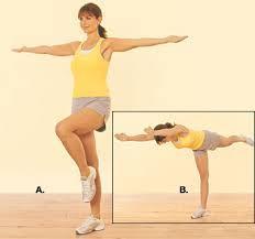 position, arms out and one leg up touching the other knee.