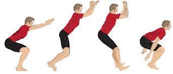 plyometric drill works a lot of muscle groups. Start with your feet shoulder-width apart and go into a squat.