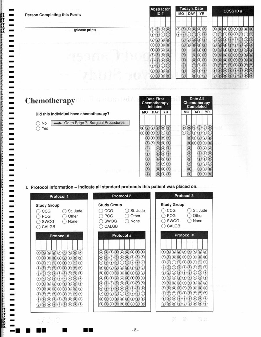 Page 2: Chemotherapy: yes/no Protocol information Recommendation: record completed for each treatment plan (this means a new one for a relapse or new cancer) - accepted start/stop dates reflect