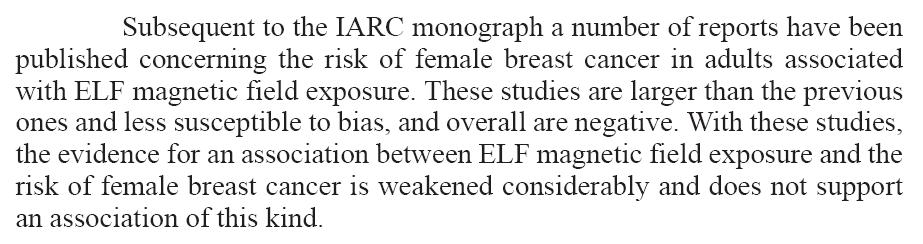 Conclusions about ELF and breast cancer WHO EHC 238: BioInitiative 2007: Studies of human breast cancer cells and some animal studies show that ELF is likely to be a risk factor for breast cancer.