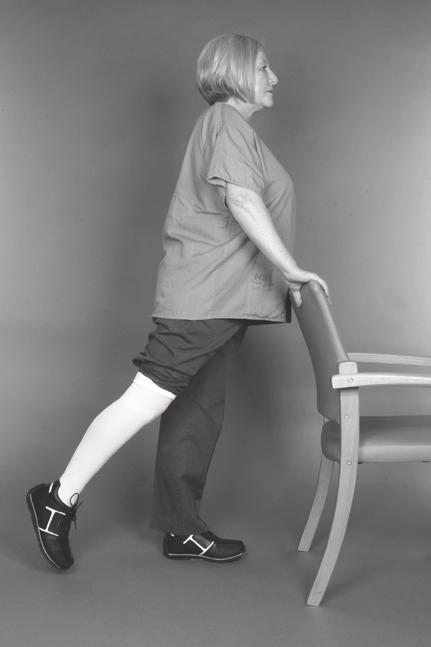 7. Hip Extension: While standing, hold onto a steady object (e.g. the back of a chair). Keep your trunk still in an upright position and bring your leg backwards.