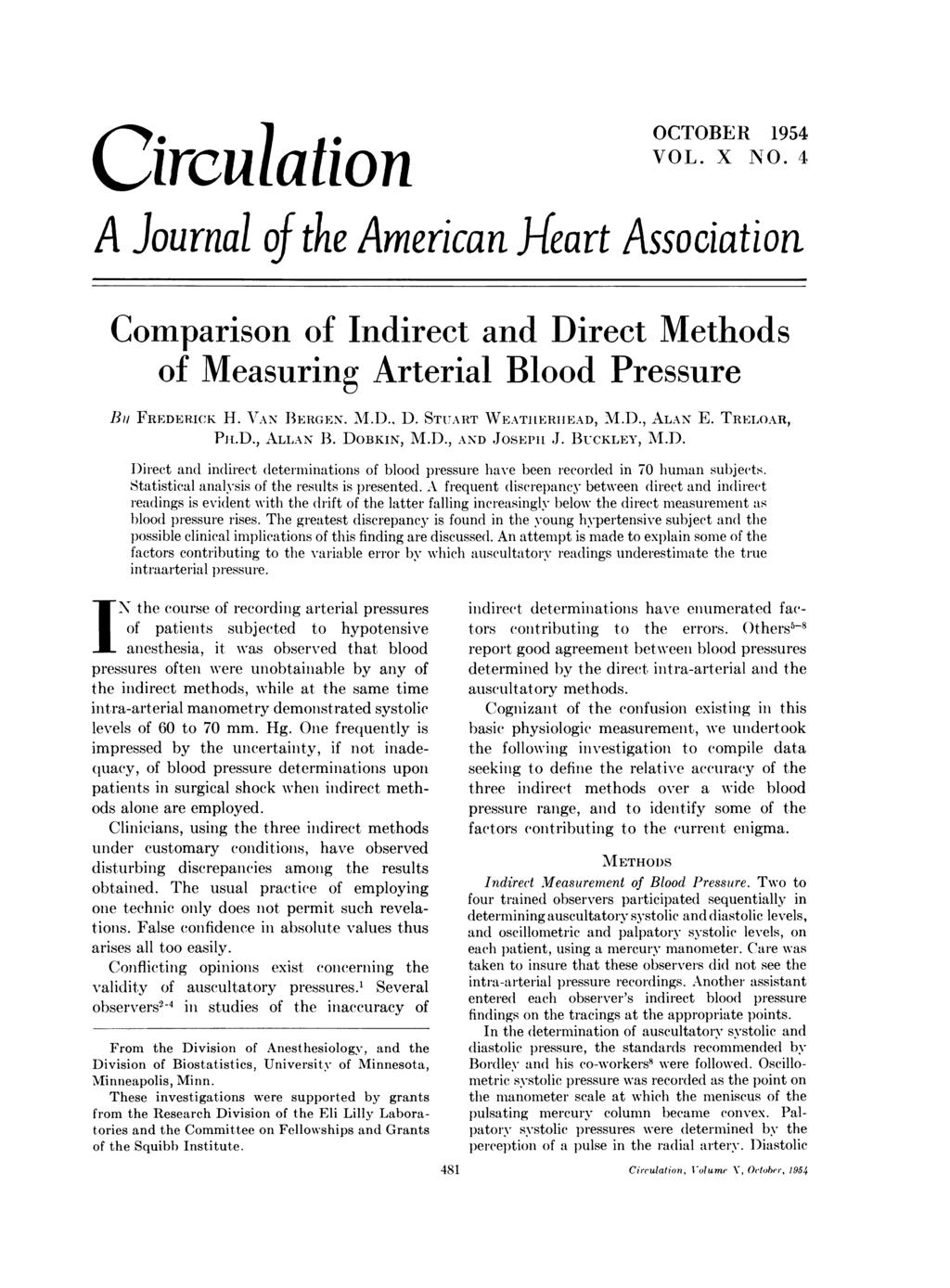 Crculaton A Journal of the Amercan -Heart Assocaton OCTOBER 1954 VOL. X NO. 4 Downloaded from http://ahajournals.