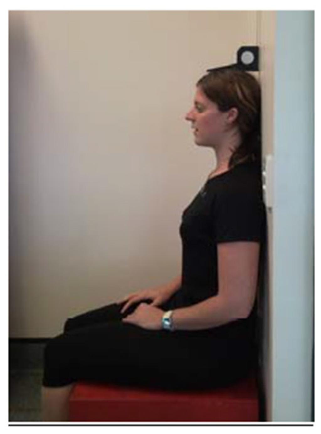 Figure 3 - Measuring sitting height Athlete sits fully erect on a backless box with back and head against a wall, thighs parallel to the ground, neck in neutral position (not flexed or extended),