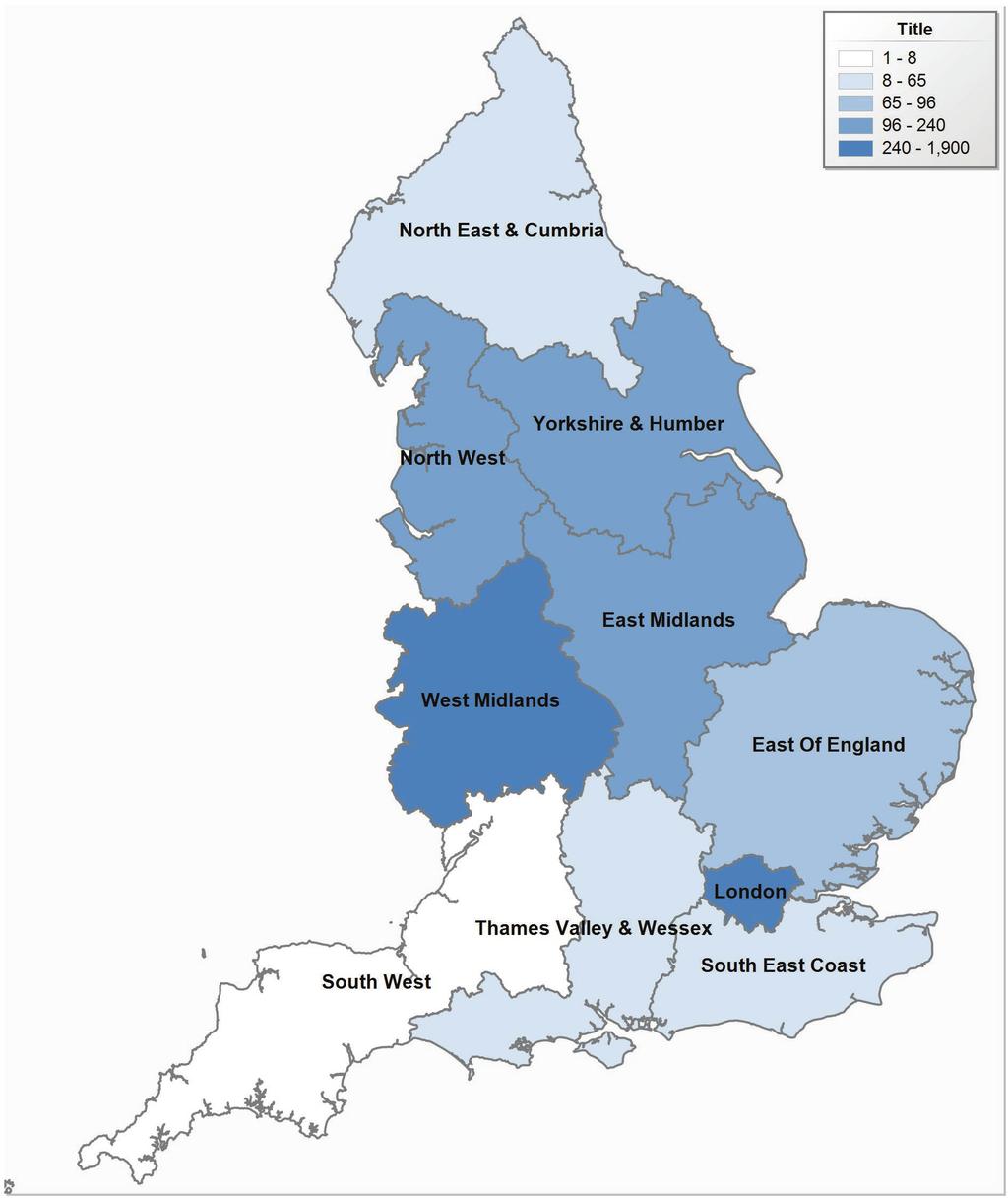 National Haemoglobinopathy Registry Annual Report (2015/16) Figure 2.8 Map of patients with TCD monitoring by commissioning hub 2015/16 Table 2.