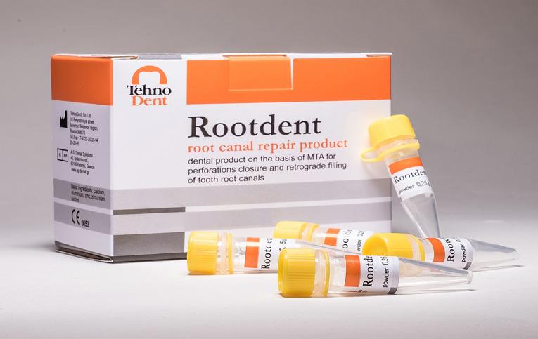 Rootdent Enables the repair of transposed, zipped and fractured root canals. Rootdent is generic MTA in the same formulation. A complex of the oxides of Calcium, Silicon and Aluminium.