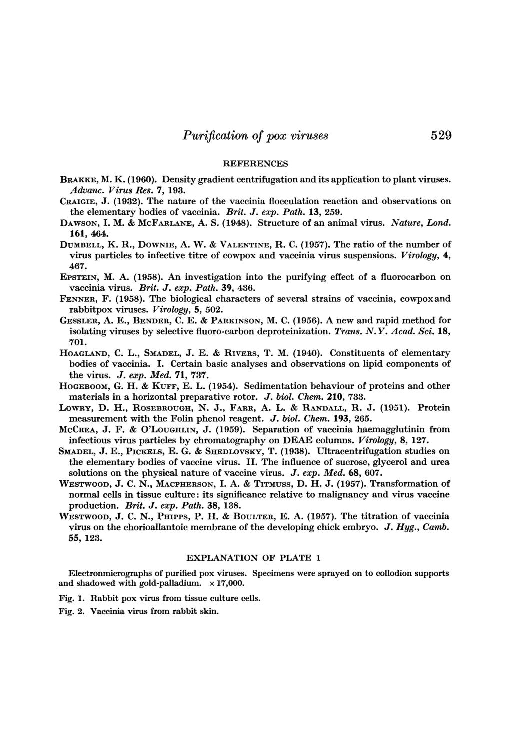 Puri$cation of pox viruses 5 29 REFERENCES BRAKKE, M. K. (1960). Density gradient centrifugation and its application to plant viruses. Advanc. Virus Res. 7, 193. CRAIGIE, J. (1932).