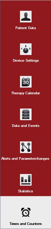 Elements of the User Interface Function Bar TRENDset is subdivided into 6 function areas: Patient Data Device Settings Therapy Calendar Data and Events Alerts and Parameter changes Statistics Times