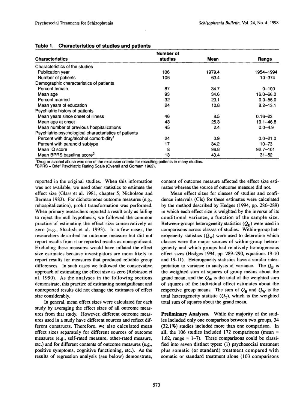 Psychosocial Treatments for Schizophrenia Schizophrenia Bulletin, Vol. 24, No. 4, 1998 Table 1.