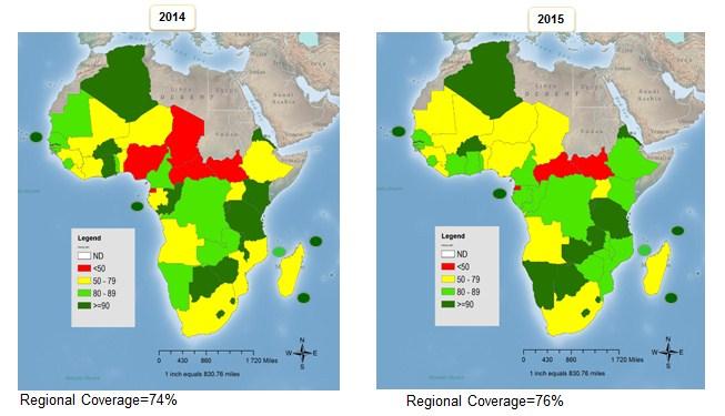 in July 2016. According to the 2015 WUENIC, the Regional coverage for DTP3 containing vaccine increased from 74% to 76% between 2014 and 2015. Around 24.