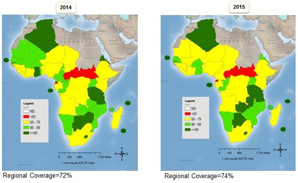 Coverage of first dose of Measles Containing Vaccine (MCV1) in AFR, 2014 vs 2015 The regional coverage for MCV1 increased from 72 to 74% and MCV2 from 11 to 18% with only 23/47 countries having