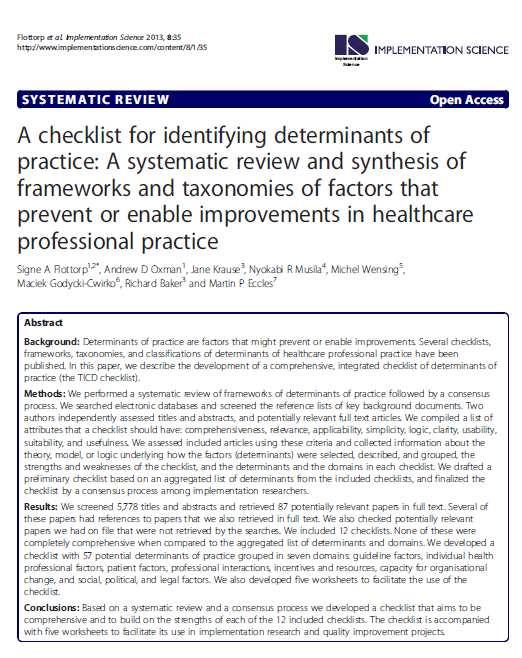 considering the determinants of diffusion, dissemination and sustainability of innovations in health service