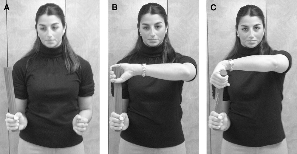 (A) Rubber bar held in involved (right) hand in maximum wrist extension. (B) Other end of rubber bar grasped by noninvolved (left) hand.