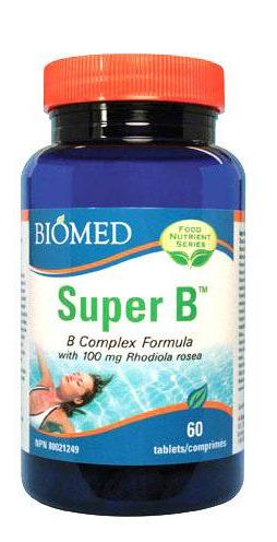 Super B with Rhodiola Super B with Rhodiola Contains: all 8 essential B vitamins supporting lipotrophic factors Rhodiola rosea Stress and adrenal support Gentle on the stomach High assimilation no