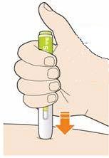 Push and immediately release the green button with your thumb. You will hear a click. Your injection has now started. The window will start to turn yellow.