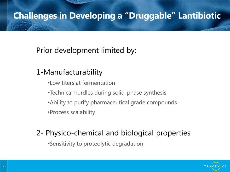 Challenges in Developing a Druggable Lantibiotic Prior development limited by: 1-Manufacturability Low titers at fermentation Technical hurdles during solid-phase