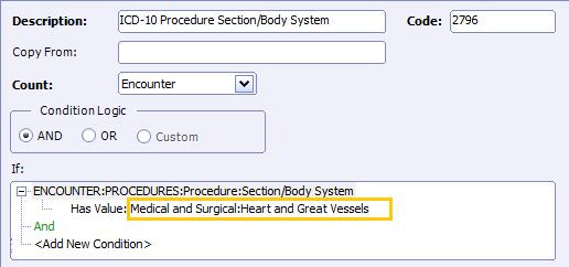 ENCOUNTER:PROCEDURE:Procedure:Section/Body System ENCOUNTER:Principal Procedure:Section/Body System In this case 02 was entered (there are 2148 procedure codes that start with 02)
