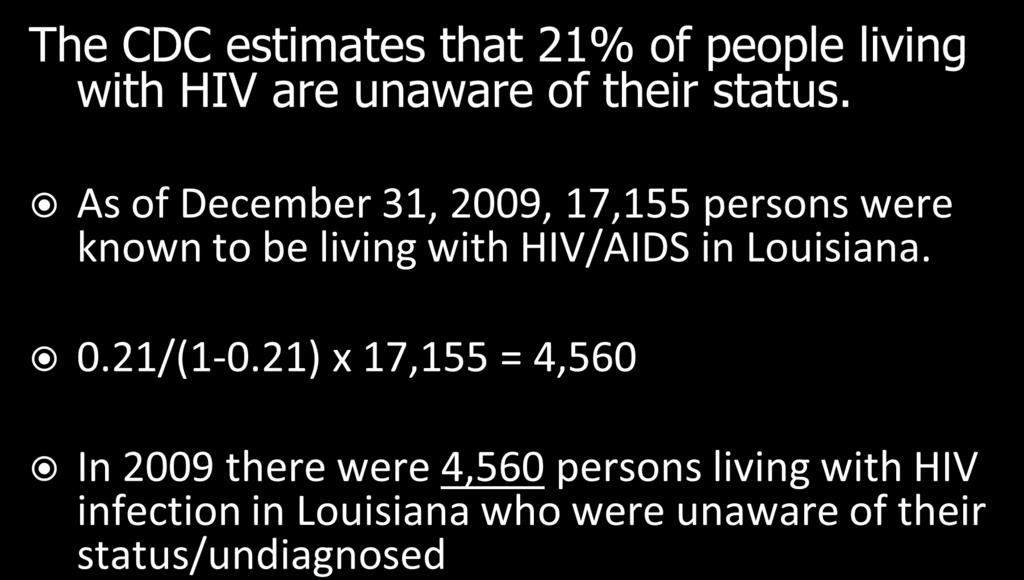 Unaware of Status/Undiagnosed Calculation The CDC estimates that 21% of people living with HIV are unaware of their status.