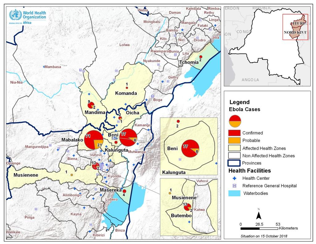Figure 3: Geographical distribution of confirmed and probable Ebola virus disease cases in North Kivu and Ituri provinces, Democratic Republic of the Congo, 15 October 2018 (n=216) Context North Kivu