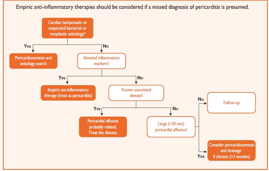 2015 ESC guideline Sx (Pericarditis) Treatment of pericardial effusion Amount, Hemodynamic significance