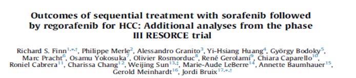 Additional analyses from the RESORCE TRIAL This exploratory analyses describe patients outcomes for the treatment sequence of SOR followed by REGO In the RESORCE study: Patients must have tolerated
