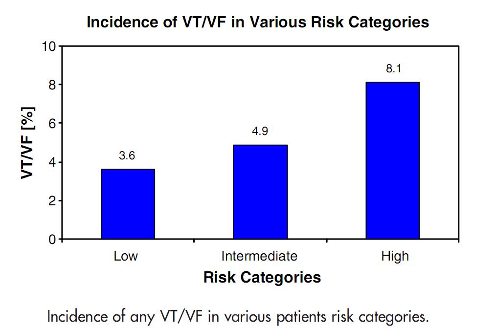The incidence of VT/VF and mortality increased as patients' baseline risk increased, and VT/VF remained an important prognostic marker for the increased